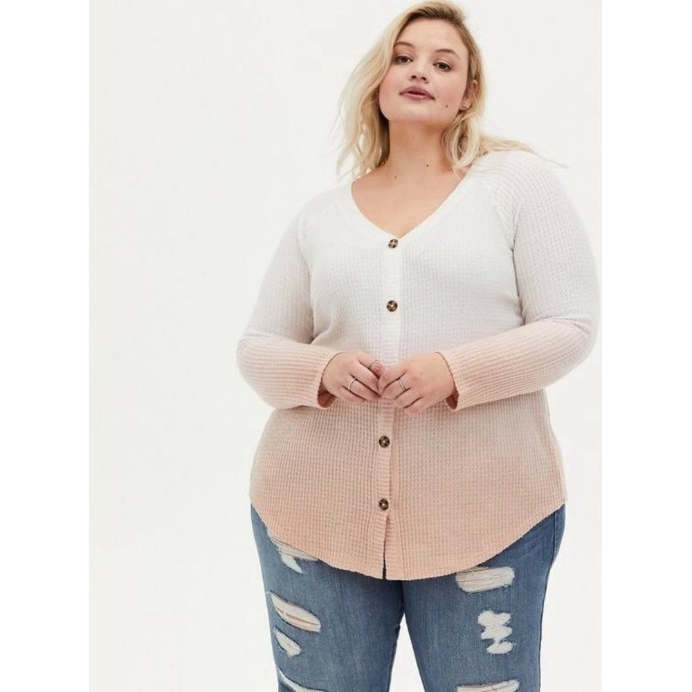 Torrid Women‎ 1X Ombre Waffle Knit Button Front V-Neck Long Sleeve Top  Casual